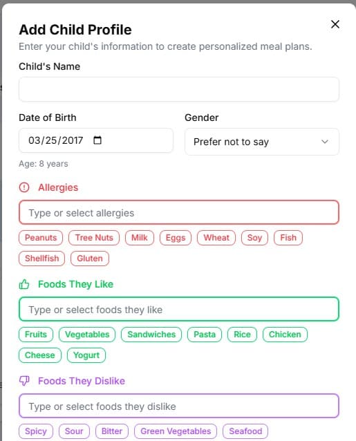 Add Child Profile Interface